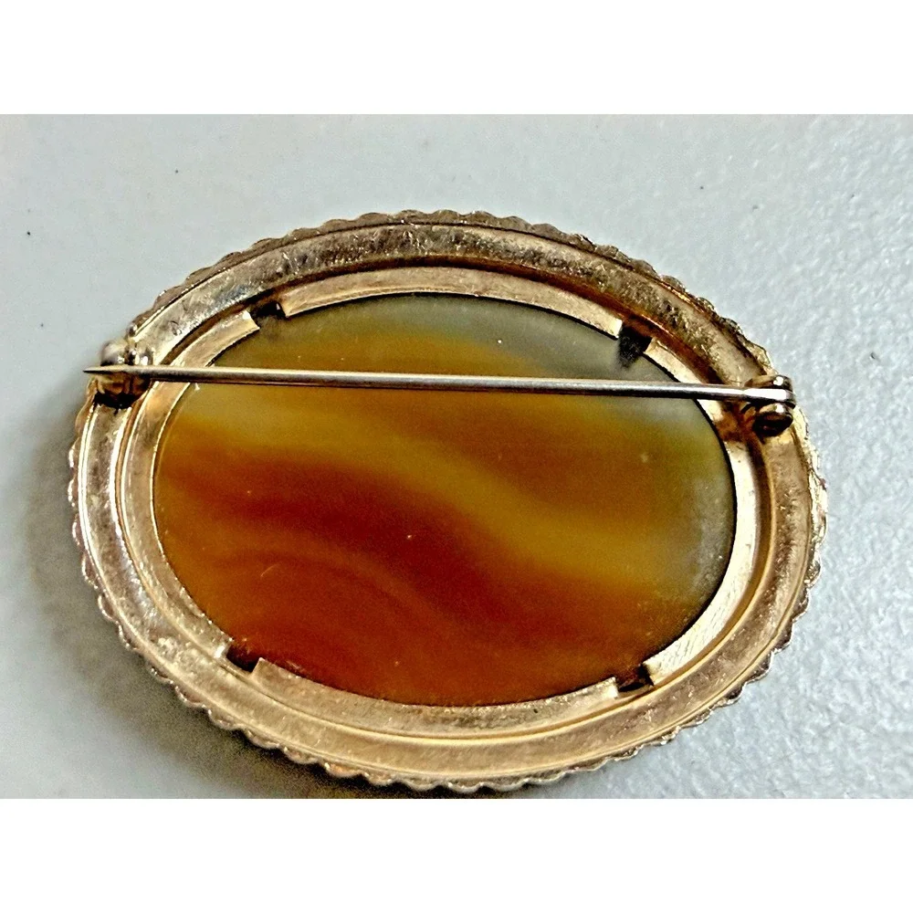 Vintage Orange Banded Agate Twisted Rope Oval Large Brooch Pin Retro‎ Silver